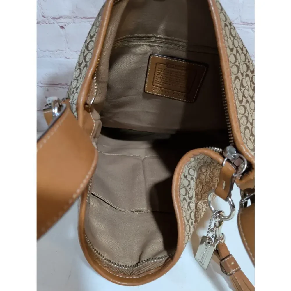 Coach Signature Jacquard Crossbody Shoulder Bag Brown Leather Trim F10416